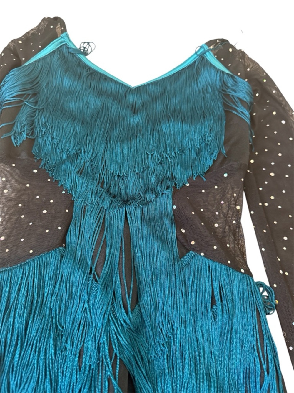 Teal Fringe Dance Dress with Polka Dot Mesh